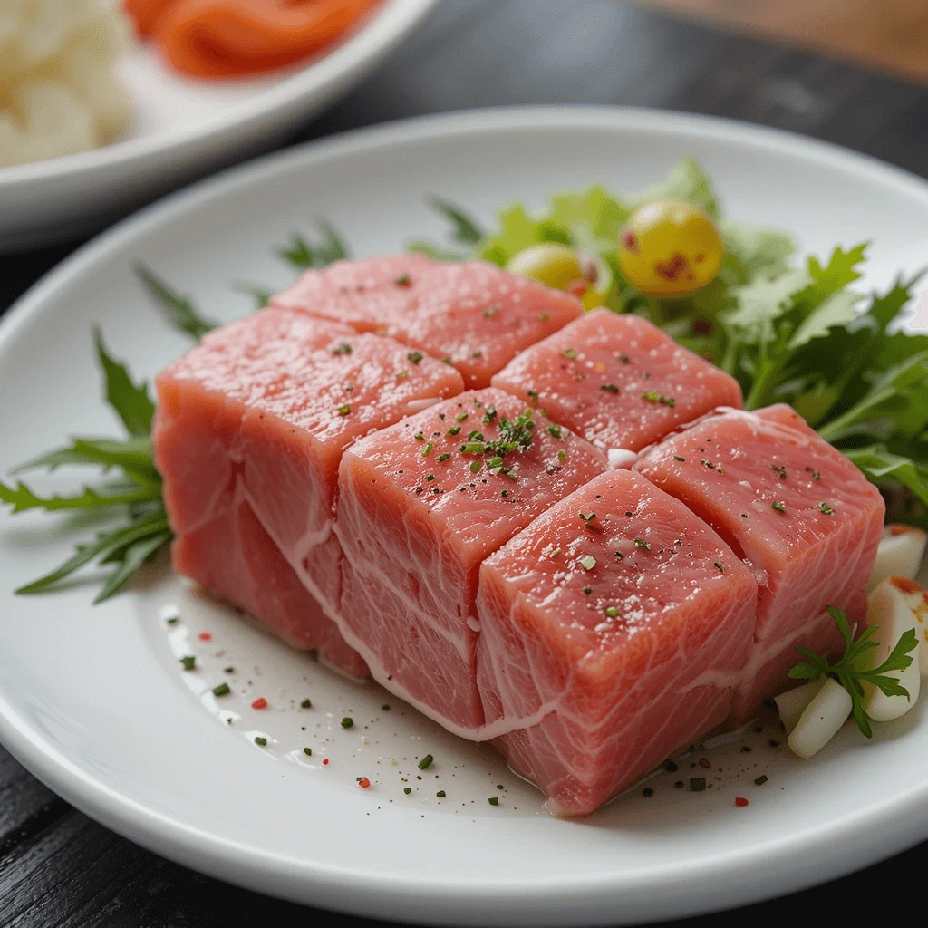 Fresh tuna cubes garnished with herbs and seasoning