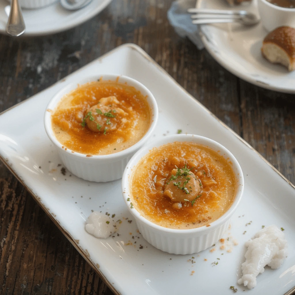 Delicious Crab Brûlée in White Ramekins - A Gourmet Seafood Appetizer