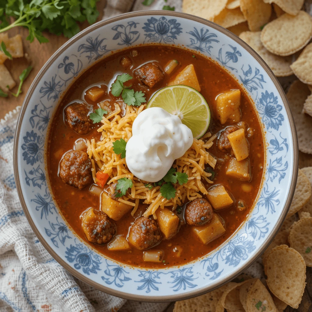 A hearty bowl of Taco Soup Frios Recipe featuring a rich broth with potatoes, meatballs, and Tex-Mex flavors. Topped with shredded cheese, sour cream, fresh cilantro, and a slice of lime, and surrounded by tortilla chips.