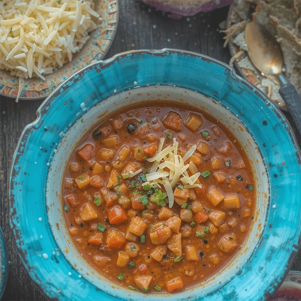 A vibrant bowl of taco soup frios recipe served in a rustic turquoise bowl, featuring a rich tomato-based broth with diced vegetables and garnished with shredded cheese and fresh herbs.