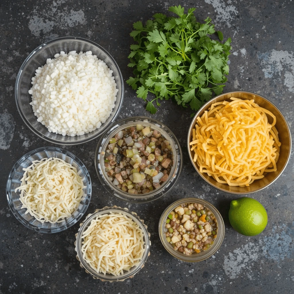 A flat lay of fresh taco soup ingredients, including shredded cheddar and mozzarella cheese, diced vegetables, cottage cheese, fresh cilantro, and a lime, neatly arranged in bowls.

