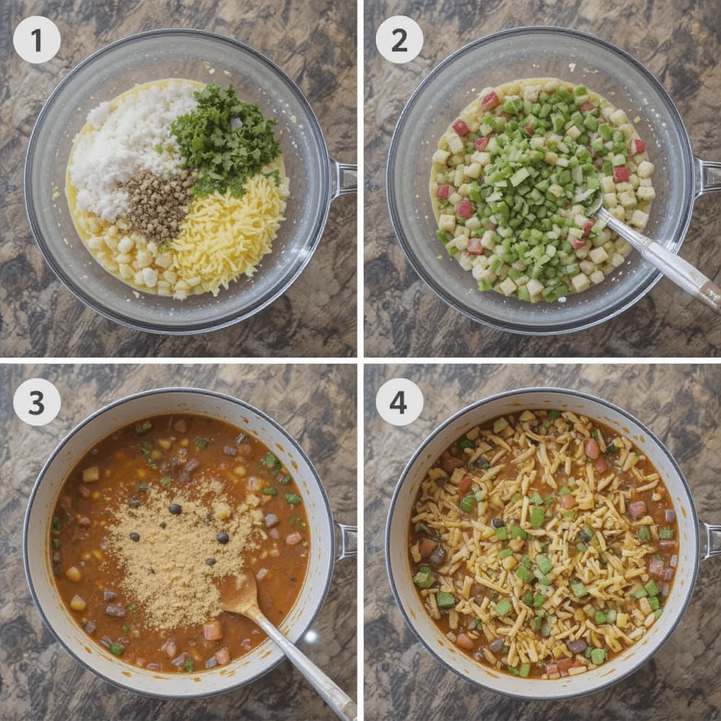 Step-by-step preparation of taco soup frios recipe: mixing cheese, cottage cheese, cilantro, and vegetables in a bowl, then cooking the mixture in a pot with spices and broth, topped with shredded cheese and herbs.

