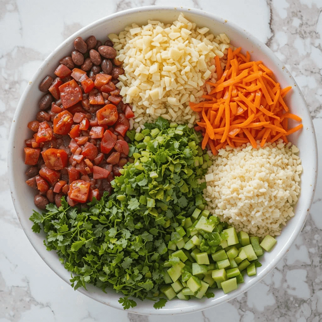 A large white bowl filled with fresh taco soup ingredients, including diced tomatoes, beans, chopped carrots, cauliflower rice, shredded cheese, cilantro, and cucumbers.

