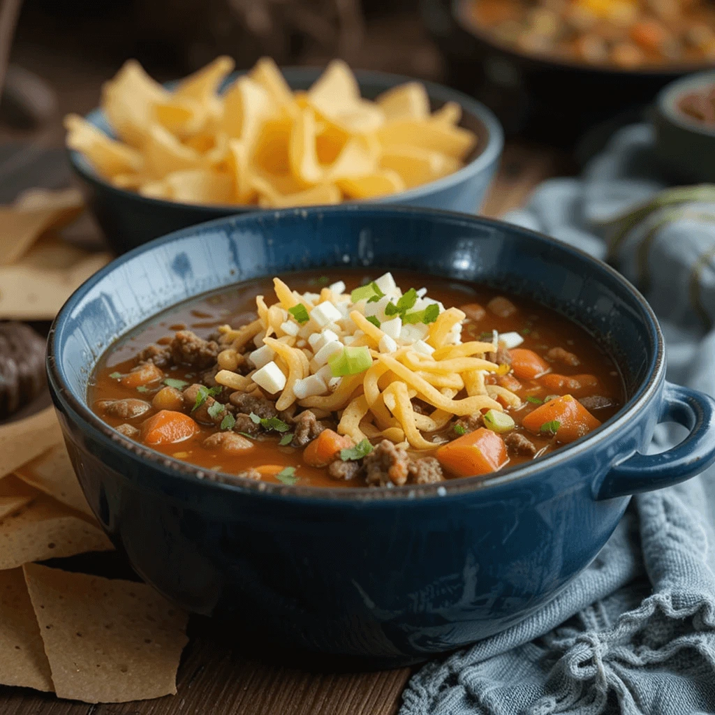 "A rich and hearty bowl of taco soup frios with ground beef, vegetables, and beans, topped with shredded cheese, diced green onions, and served with crispy tortilla chips.