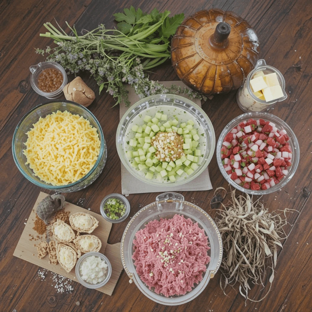 An overhead view of fresh ingredients for a taco soup frios recipe with ground beef, including grated cheese, diced vegetables, aromatic herbs, and ground beef, ready to create a hearty and flavorful dish.