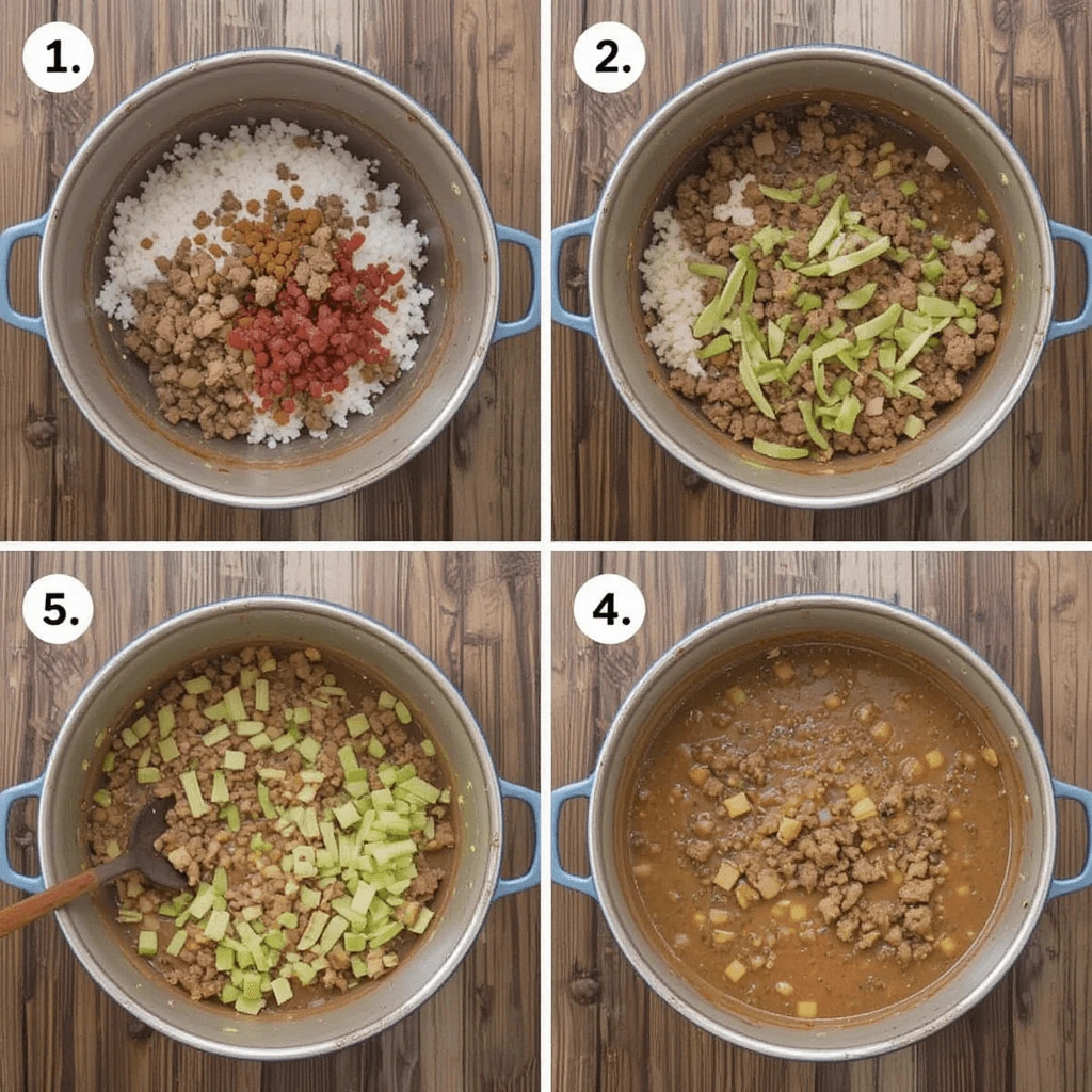 Four-step cooking process for taco soup frios with ground beef, showcasing ingredients like rice, diced tomatoes, zucchini, and seasoned ground beef simmered together in a pot.