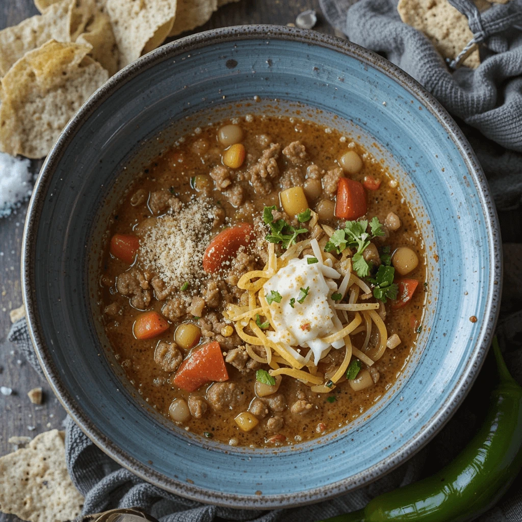 A hearty bowl of taco soup frios with ground beef, chickpeas, and carrots, topped with shredded cheese, sour cream, and fresh cilantro, served alongside tortilla chips.