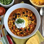 A bowl of 7 Can Taco Soup topped with sour cream, shredded cheese, and cilantro, served with a side of tortilla chips.