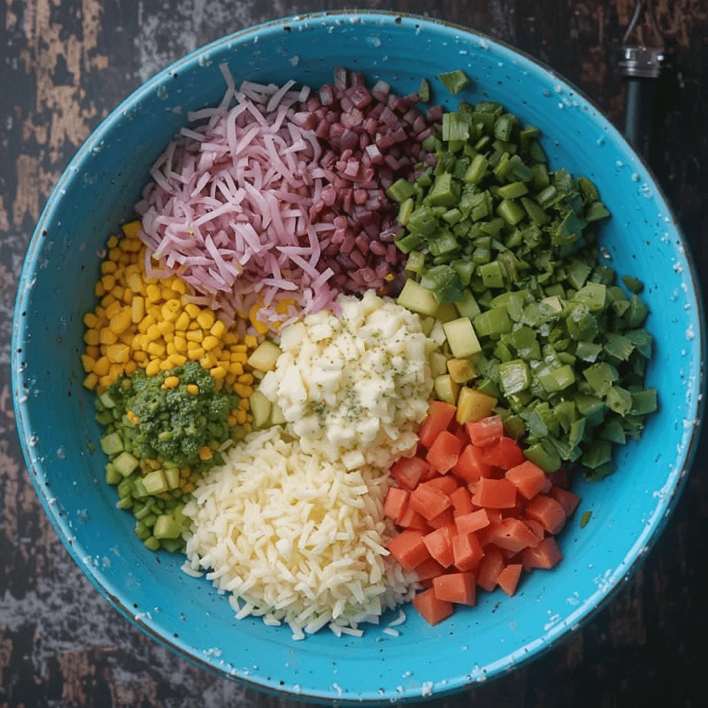 A colorful bowl filled with chopped vegetables including onions, corn, carrots, broccoli, cucumbers, and green peppers, with a layer of rice in the center.

