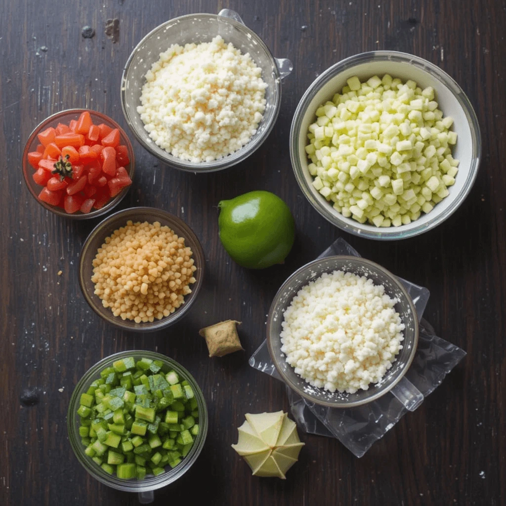 Various chopped ingredients including tomatoes, cucumber, couscous, and cheese, with a lime placed on the side.

