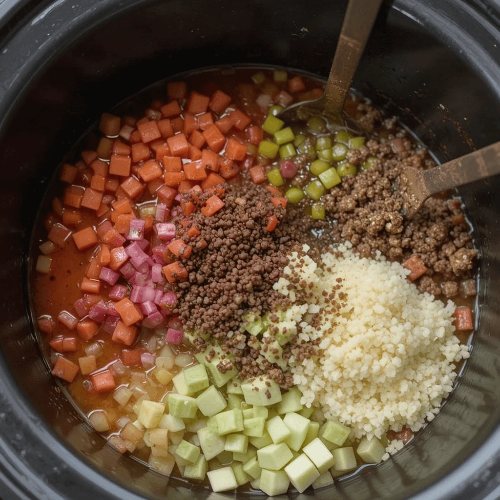 A slow cooker filled with chopped carrots, celery, cucumbers, and couscous, along with ground meat and seasonings, ready to be mixed for a flavorful meal.

