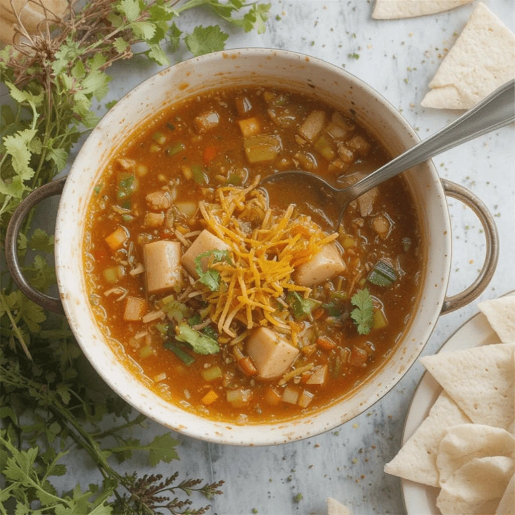 A bowl of 7 Can Taco Soup with sausage, shredded cheese, and cilantro, served with tortilla pieces on the side.


