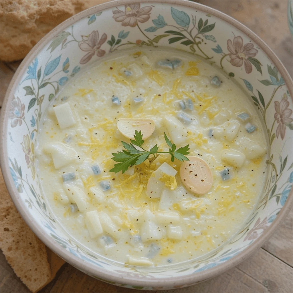 A bowl of creamy potato soup garnished with parsley and garlic, served in a floral-patterned dish with bread on the side.