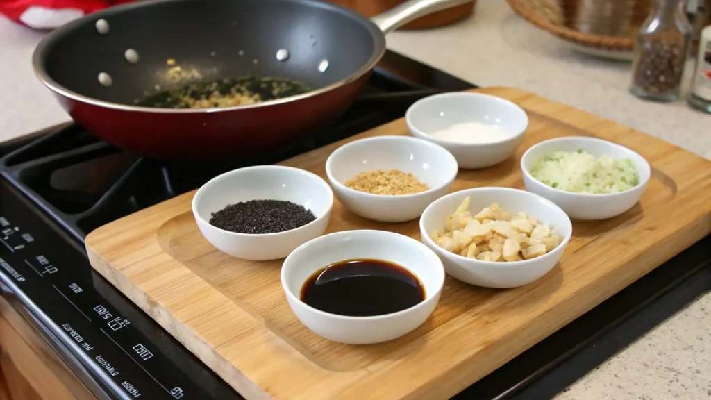  Ingredients for Chinese fried rice arranged in small bowls on a wooden cutting board next to a wok on a stovetop.