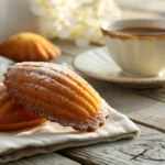 Golden-brown Madeleines dusted with powdered sugar, placed on a linen napkin with a cup of tea in the background on a rustic wooden table.
