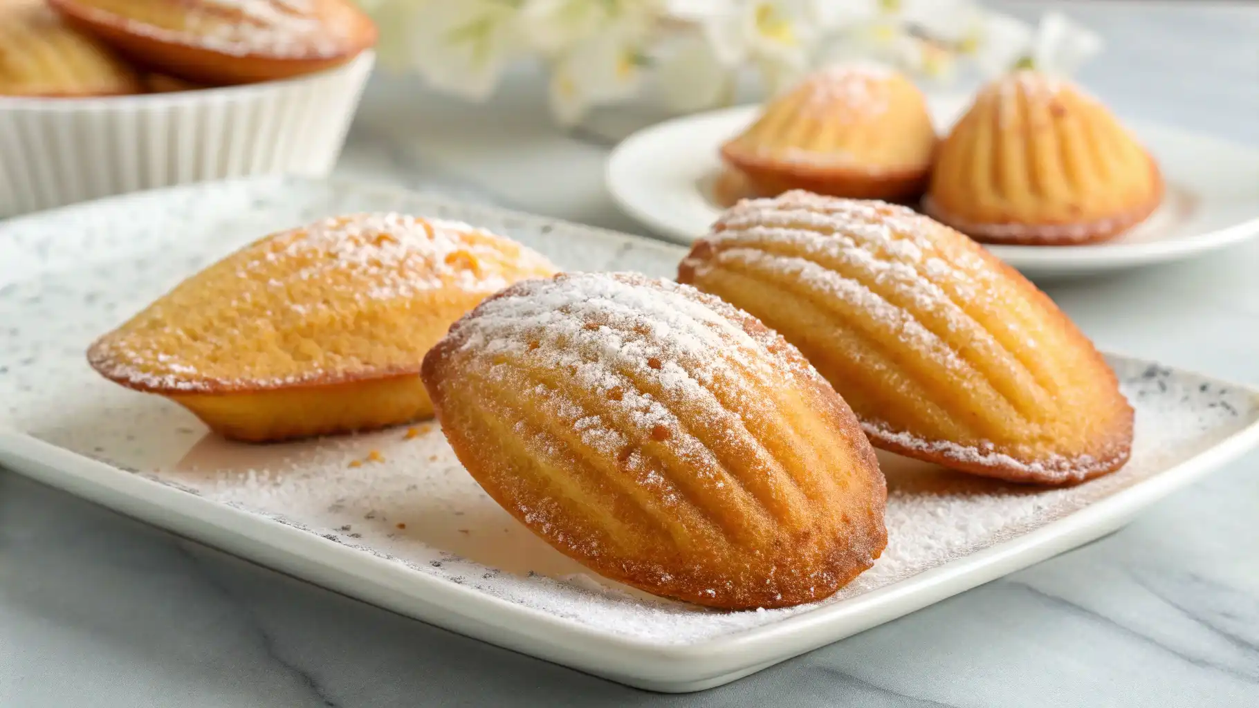 Golden-brown Madeleines dusted with powdered sugar, arranged on a white ceramic plate with more Madeleines in the background.