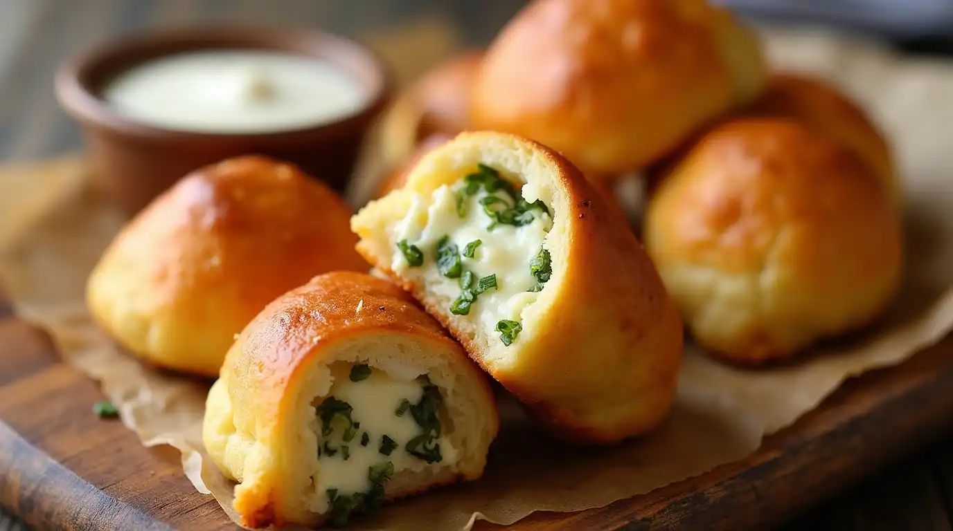 Golden-brown goat cheese and jalapeno rolls served on a rustic wooden board, with one roll cut open revealing a creamy cheese filling mixed with finely chopped jalapenos. A small bowl of dipping sauce sits in the background.