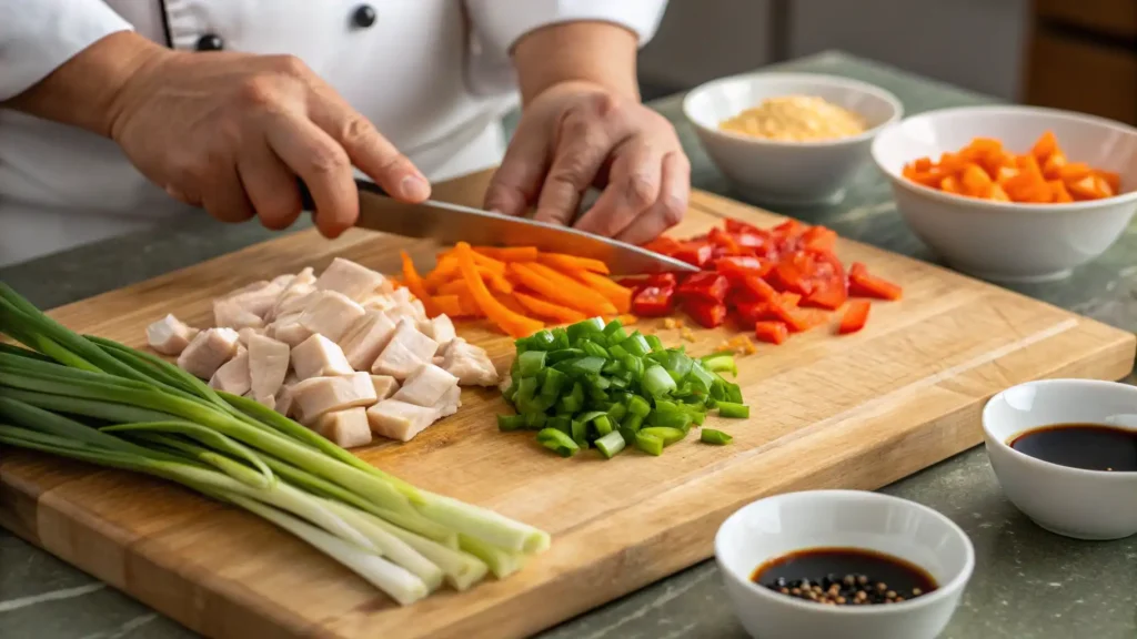 Chef chopping chicken, carrots, bell peppers, and green onions on a wooden cutting board with soy sauce in small bowls nearby.