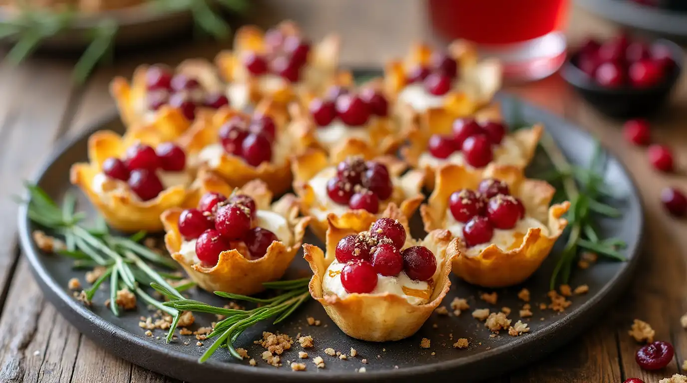 A close-up of Cranberry Goat Cheese Cups served on a dark plate, featuring crispy golden phyllo shells filled with creamy goat cheese, topped with fresh red cranberries, drizzled with honey, and garnished with sprigs of rosemary. The background includes a rustic wooden table with additional cranberries and a glass of cranberry juice.