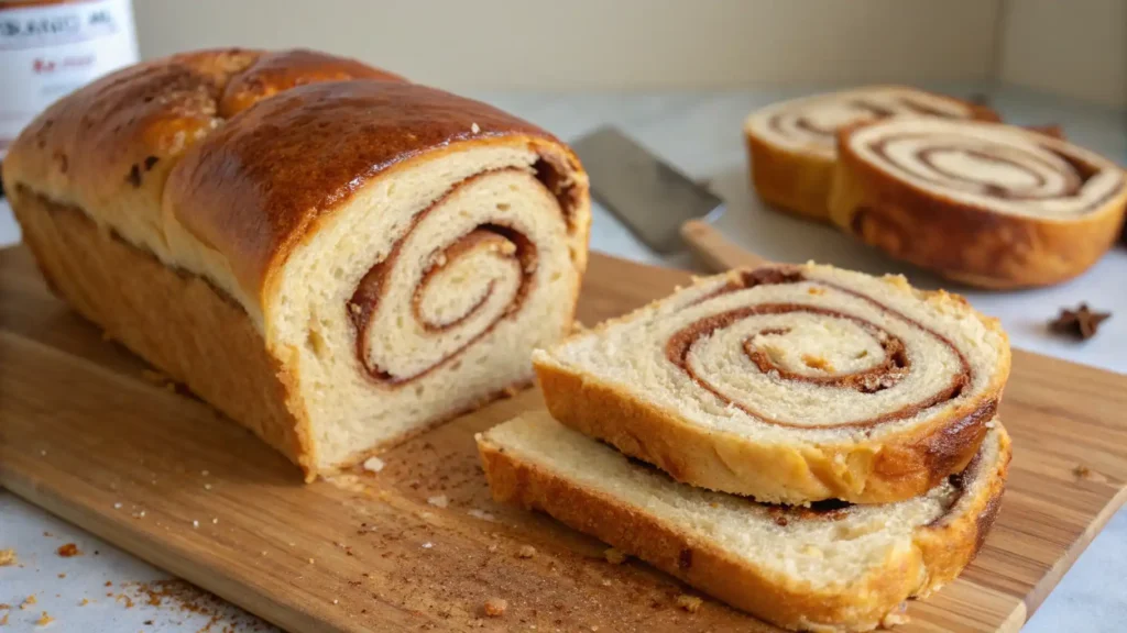 A freshly baked cinnamon swirl sourdough bread loaf with a golden crust, sliced to reveal soft, fluffy layers and a rich cinnamon filling, placed on a wooden cutting board.