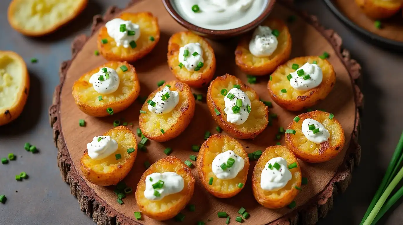 Close-up of crispy air fryer potato skins topped with creamy cottage cheese, fresh chopped chives, and black pepper, arranged on a rustic wooden board. A small bowl of extra cottage cheese is in the background.