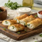 Golden-brown goat cheese jalapeño rolls sliced open to reveal creamy filling, served on a wooden board with dipping sauces.