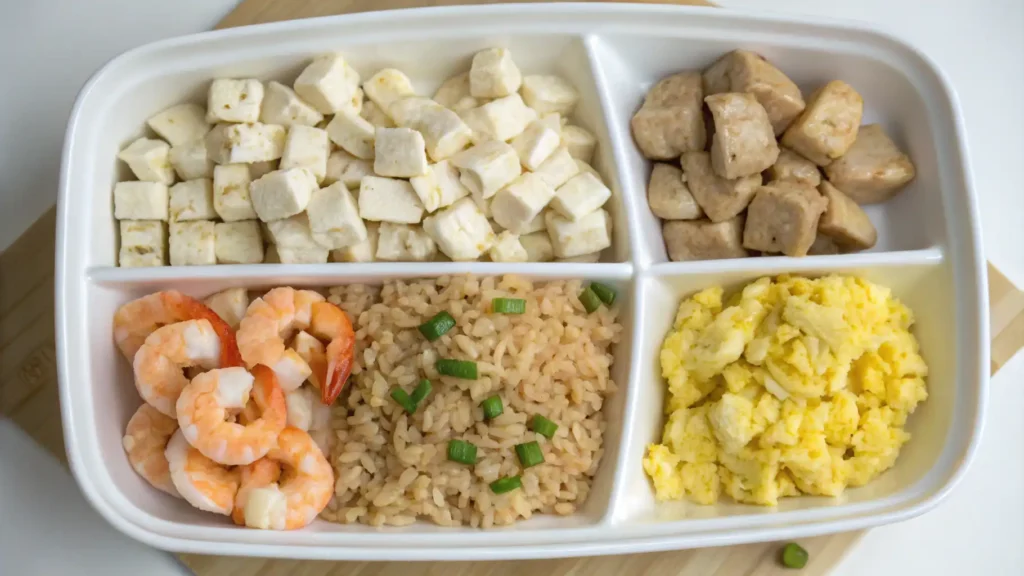  A compartmentalized plate filled with cubed tofu, cooked chicken, scrambled eggs, shrimp, and fried rice garnished with green onions.