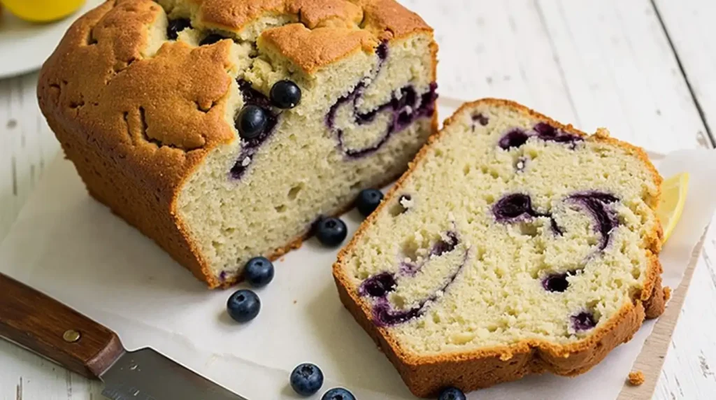 A freshly baked blueberry lemon sourdough bread loaf with a golden crust, sliced to reveal a soft, fluffy interior swirled with juicy blueberries, placed on parchment paper with fresh blueberries and a lemon wedge beside it.