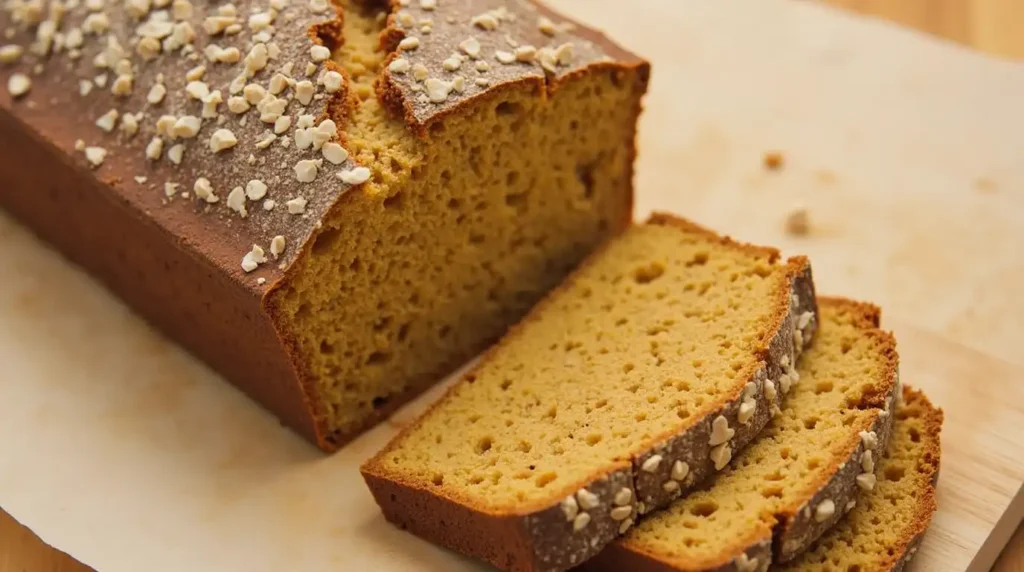 A freshly baked pumpkin spice sourdough bread loaf with a golden-brown crust, topped with oats, sliced to reveal a soft, moist interior, resting on parchment paper.