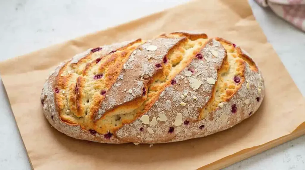 A rustic artisan loaf with a golden-brown crust, dusted with flour and dotted with small berries, resting on parchment paper.