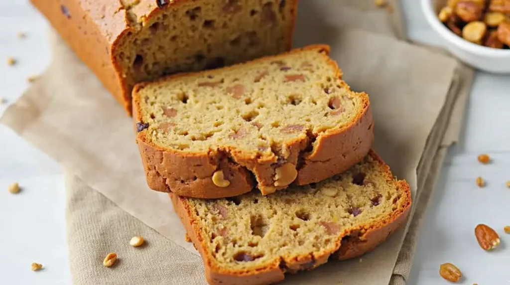 A freshly baked loaf of rustic nutty bread with a golden crust, sliced to reveal a soft interior filled with crunchy nuts and caramelized bits.