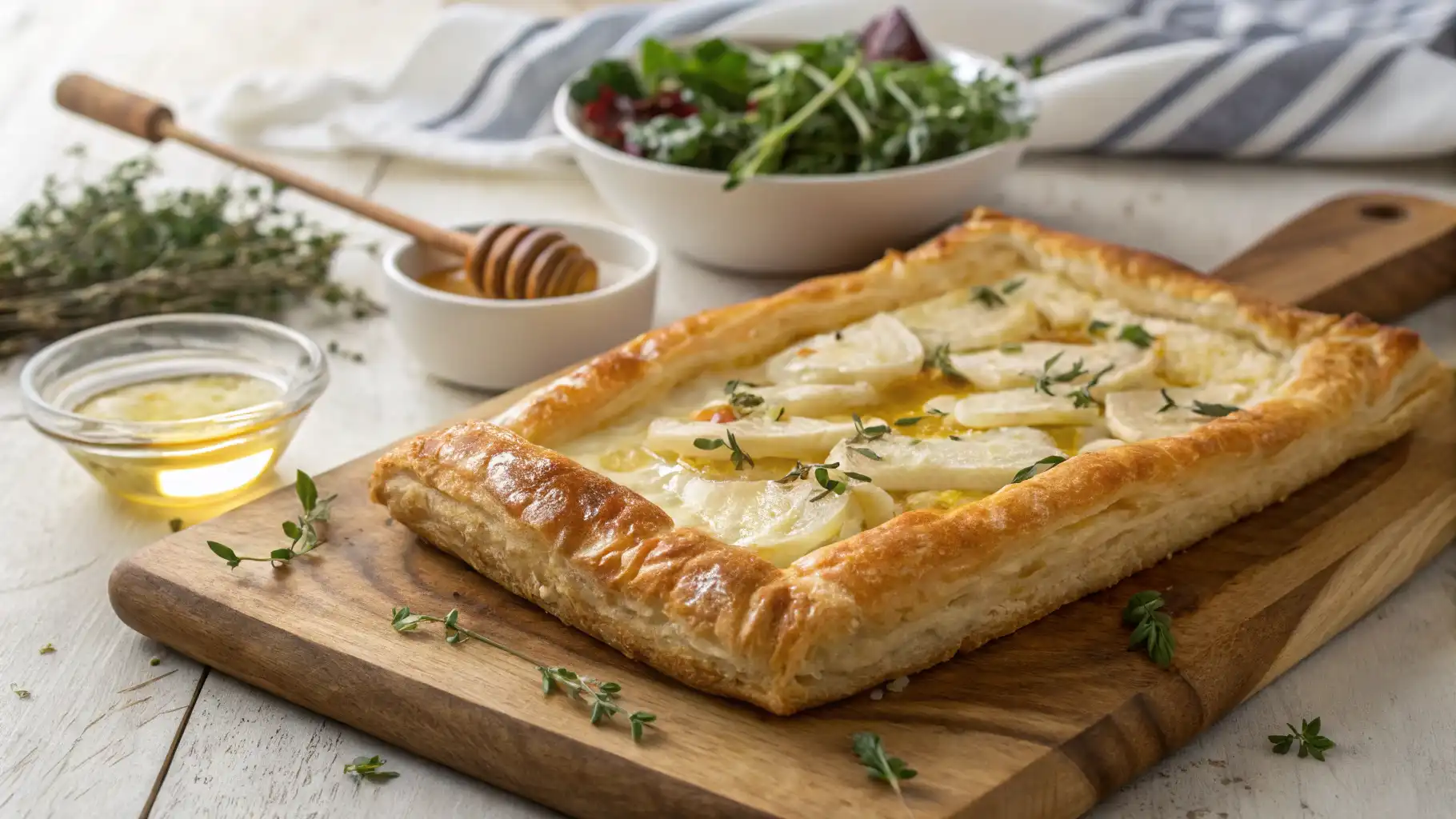 Golden, flaky goat cheese tart topped with fresh thyme, served on a wooden cutting board with a side of honey and salad.