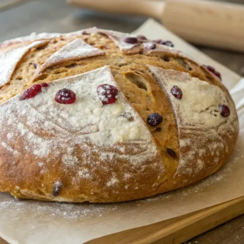 A rustic round loaf with a golden crust, lightly dusted with flour and studded with red berries, resting on parchment paper atop a wooden cutting board.
