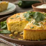 A freshly baked Jiffy Mexican Cornbread garnished with melted cheese and fresh cilantro, served on a rustic wooden plate with a slice removed. A bowl of sour cream and a jalapeño pepper are in the background.