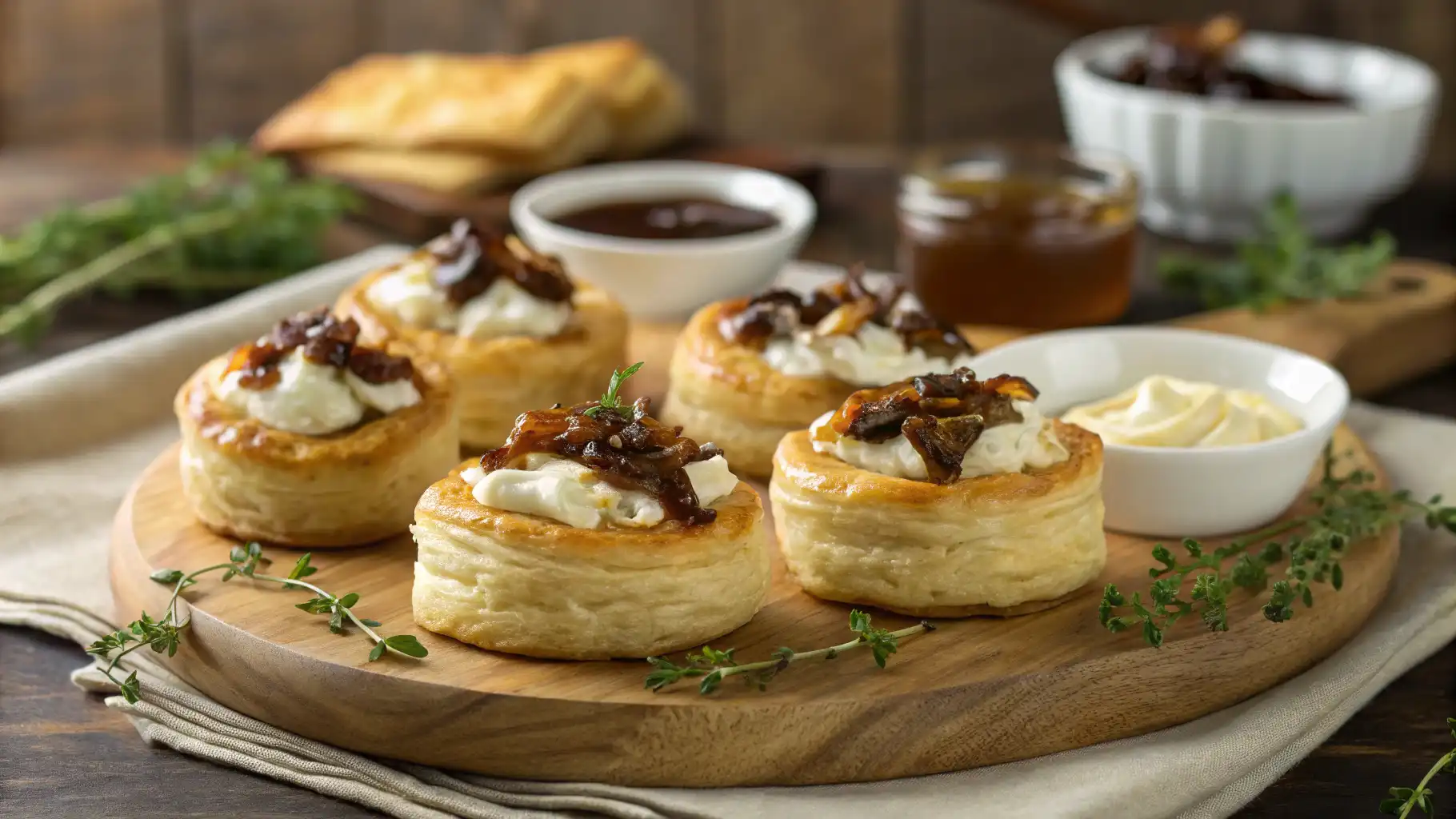 Golden, flaky puff pastry bites topped with creamy goat cheese and caramelized onions, served on a rustic wooden board with fresh thyme and dipping sauces in the background.