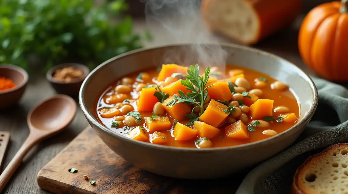 A steaming bowl of butternut squash and cannellini bean stew garnished with fresh herbs, placed on a rustic wooden table with a loaf of crusty bread and a small pumpkin in the background.