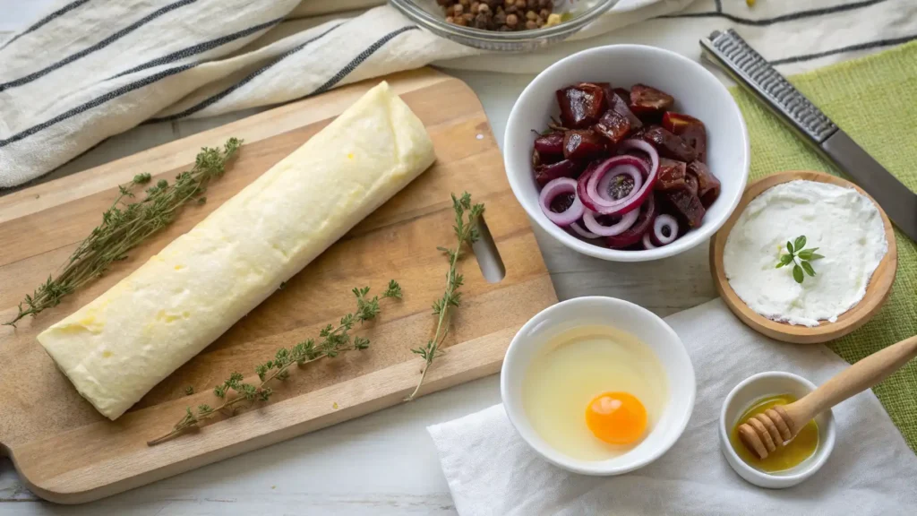 A wooden cutting board with a roll of puff pastry, fresh thyme, a bowl of goat cheese, sliced red onions, caramelized ingredients, a cracked egg, and a small dish of honey, all arranged for preparing goat cheese puff pastry appetizers.