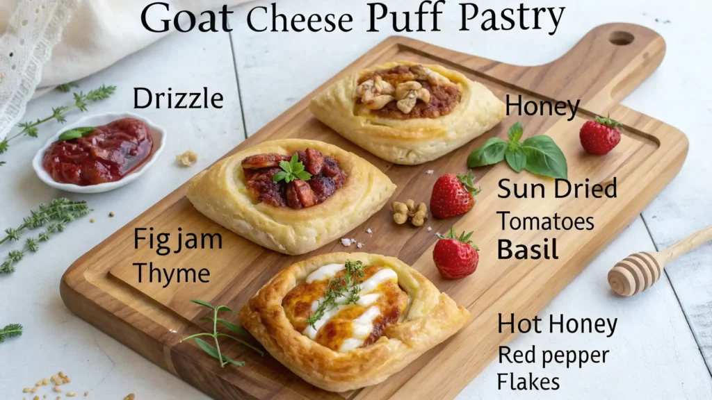 A wooden serving board featuring three variations of goat cheese puff pastry appetizers, each topped with different ingredients such as fig jam, honey, sun-dried tomatoes, basil, and hot honey. Fresh strawberries, herbs, and a honey dipper complete the presentation.