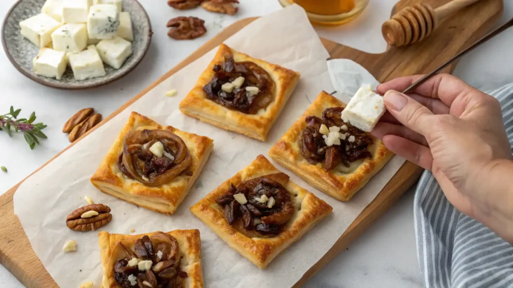 A wooden serving board with golden, flaky puff pastry squares topped with caramelized onions, nuts, and crumbled cheese. A hand holding a cube of cheese hovers over the appetizers, ready to add it as a finishing touch.