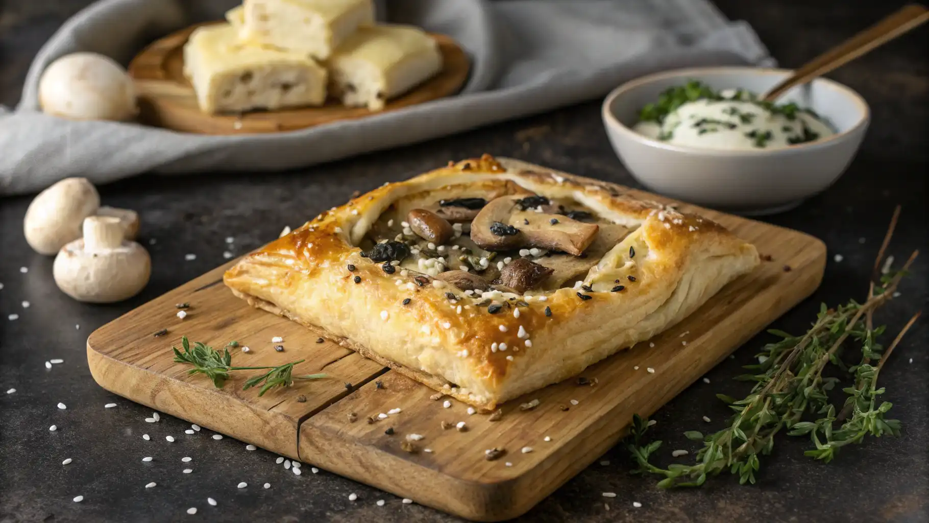 Golden, flaky mushroom goat cheese puff pastry topped with sautéed mushrooms, black and white sesame seeds, and fresh herbs, placed on a rustic wooden cutting board. A bowl of herbed cheese spread, whole mushrooms, and fresh thyme sprigs are arranged in the background.