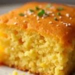 A close-up of a moist, golden slice of Jiffy Mexican Cornbread topped with sesame seeds and fresh herbs, served on a white plate.
