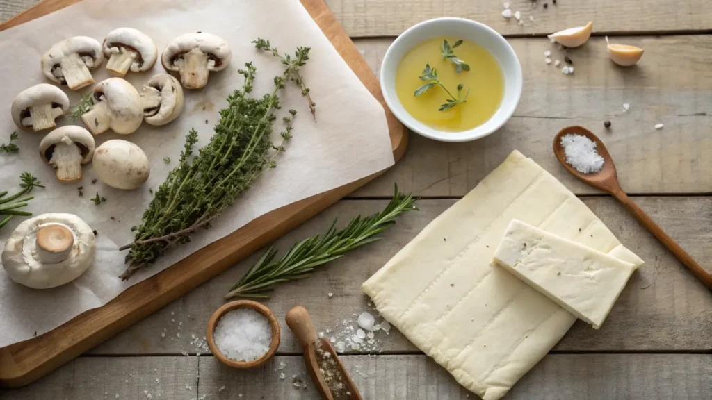 Fresh ingredients for Mushroom Goat Cheese Pastry, including puff pastry, mushrooms, goat cheese, fresh herbs, and olive oil on a rustic wooden surface.