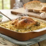 A steaming hot Forgotten Chicken dish in a rustic casserole, featuring golden-brown roasted chicken over a bed of flavorful rice, garnished with fresh herbs. A spoon rests in the dish, ready to serve, with garlic, bread, and a glass of tea in the background.