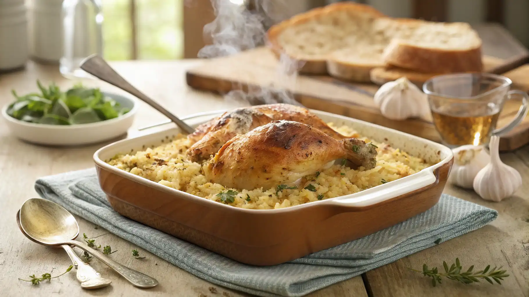 A steaming hot Forgotten Chicken dish in a rustic casserole, featuring golden-brown roasted chicken over a bed of flavorful rice, garnished with fresh herbs. A spoon rests in the dish, ready to serve, with garlic, bread, and a glass of tea in the background.