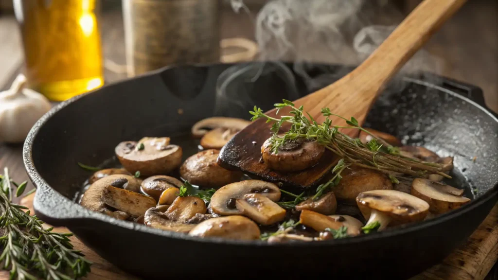 A cast-iron skillet filled with sizzling mushrooms and fresh thyme being stirred with a wooden spatula, preparing the filling for a mushroom and goat cheese pastry.