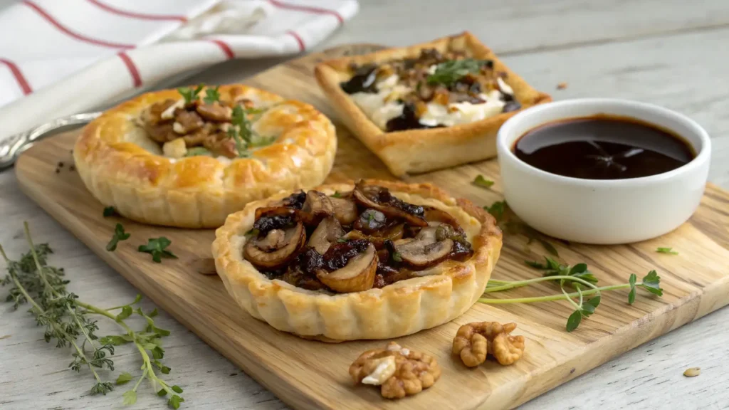 A selection of golden-brown mushroom and goat cheese pastries topped with caramelized mushrooms, walnuts, and fresh herbs, served on a wooden board with a side of balsamic glaze.