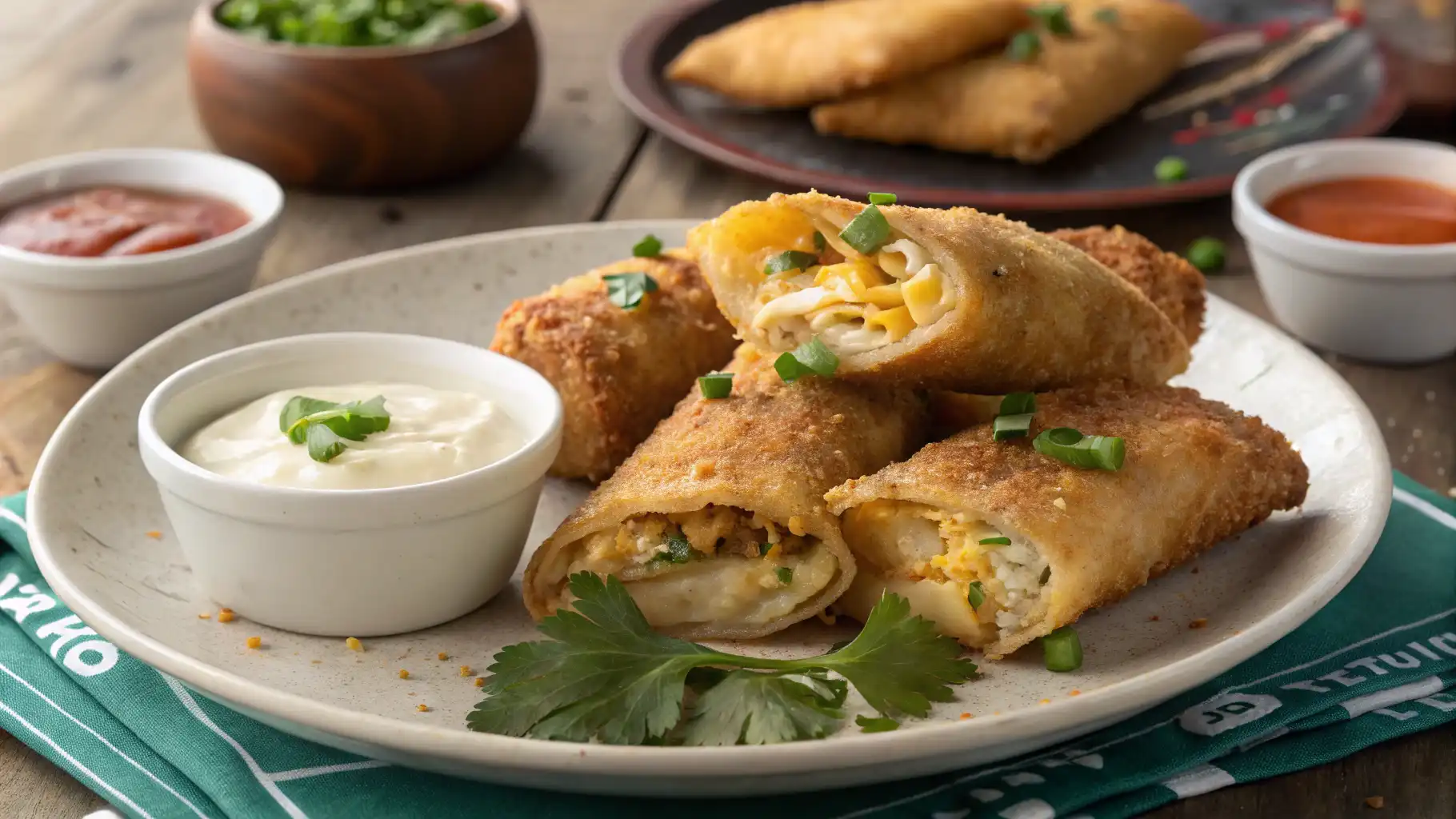 A plate of crispy Jalapeno Popper Egg Rolls, cut open to reveal a gooey cheese, jalapeno, and shredded chicken filling. Served with a creamy dipping sauce and garnished with fresh green onions and cilantro.