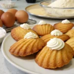 Freshly baked Madeline cookies with cream, golden brown with a crisp shell, topped with whipped cream. Ingredients like eggs, sugar, and flour are visible in the background on a kitchen counter.