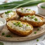 Baked potato skins filled with creamy cottage cheese, topped with chopped green onions and cracked black pepper, served on a wooden plate with a bowl of sour cream.
