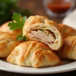 A plate of golden, flaky homemade chicken pastries with a crispy, buttery crust. One pastry is cut open, revealing a tender, seasoned chicken filling inside. A sprig of fresh parsley garnishes the plate, with a blurred background featuring dipping sauce and fresh herbs.